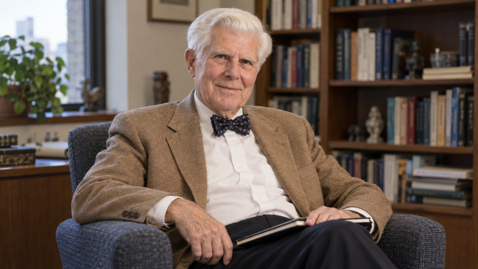 Realistic AI portrait of Aaron Beck seated in an office, inspired by archival photographs.