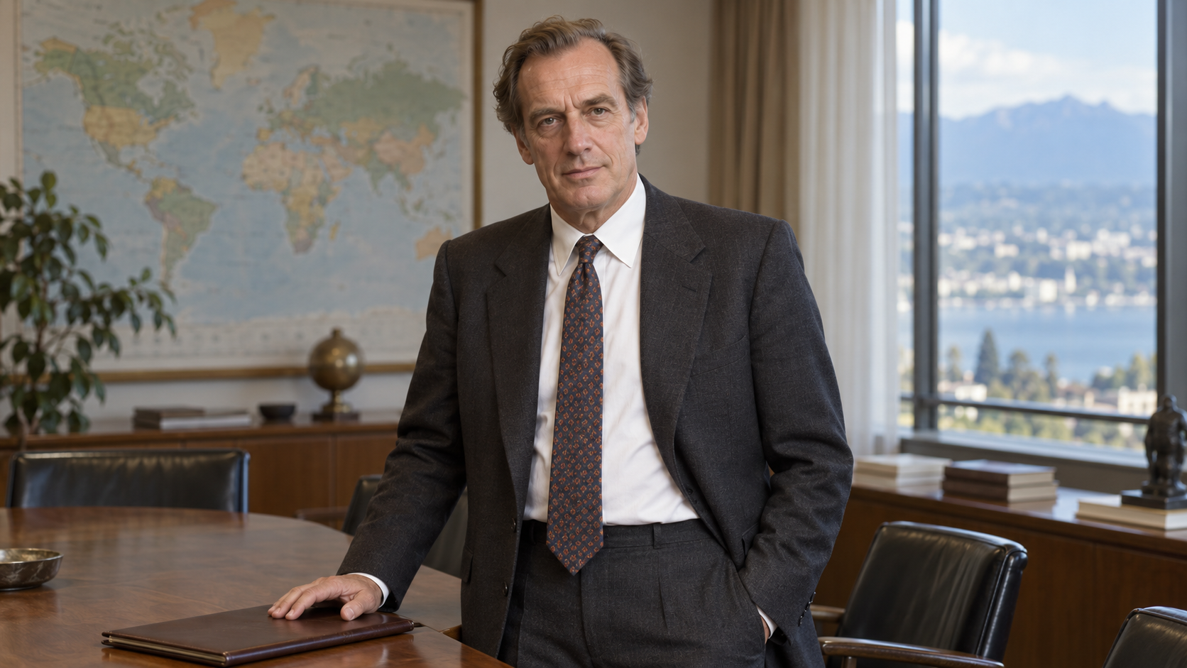 Realistic AI portrait of Halfdan Mahler standing beside a conference table in an office.