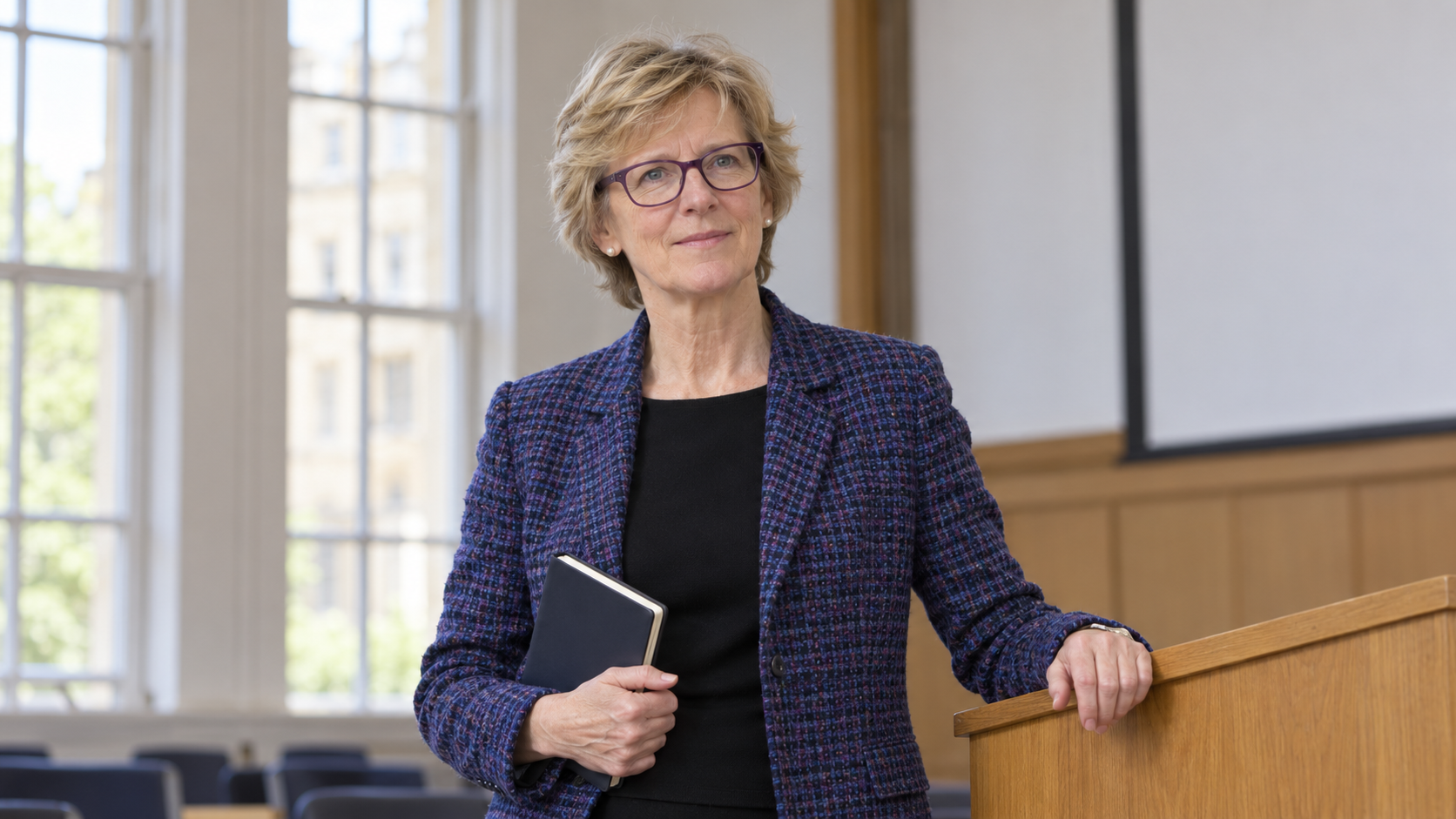 Realistic AI portrait of Sally Davies wearing glasses and holding a notebook in a university seminar room.