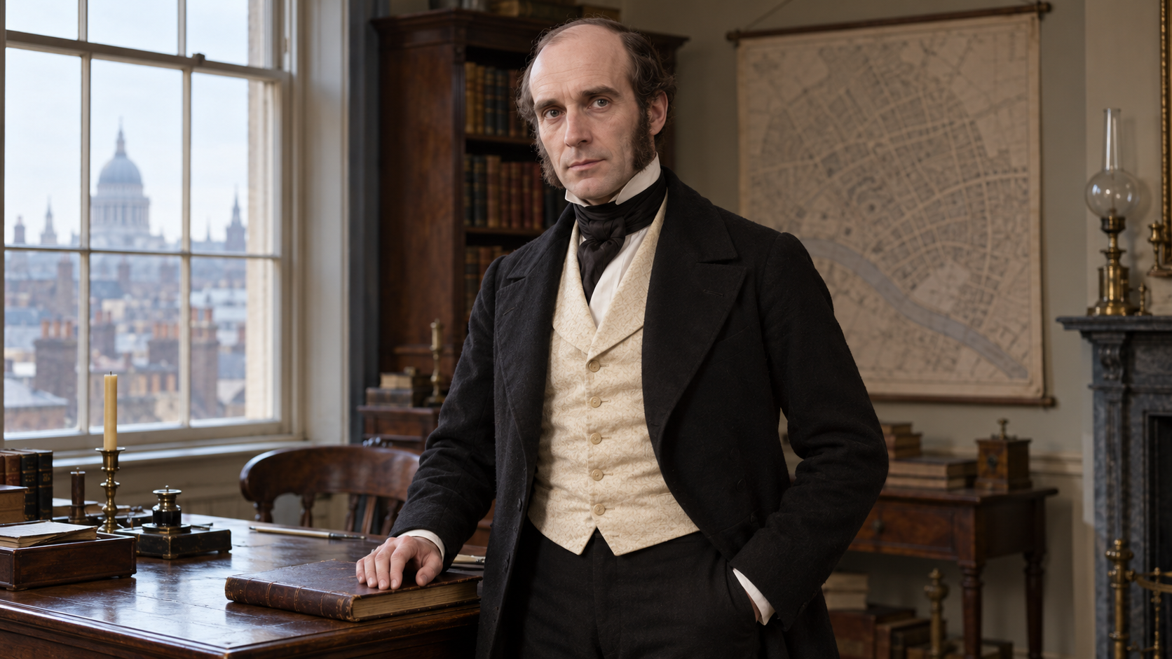 Realistic AI portrait of John Snow beside a writing desk in a nineteenth-century London study.