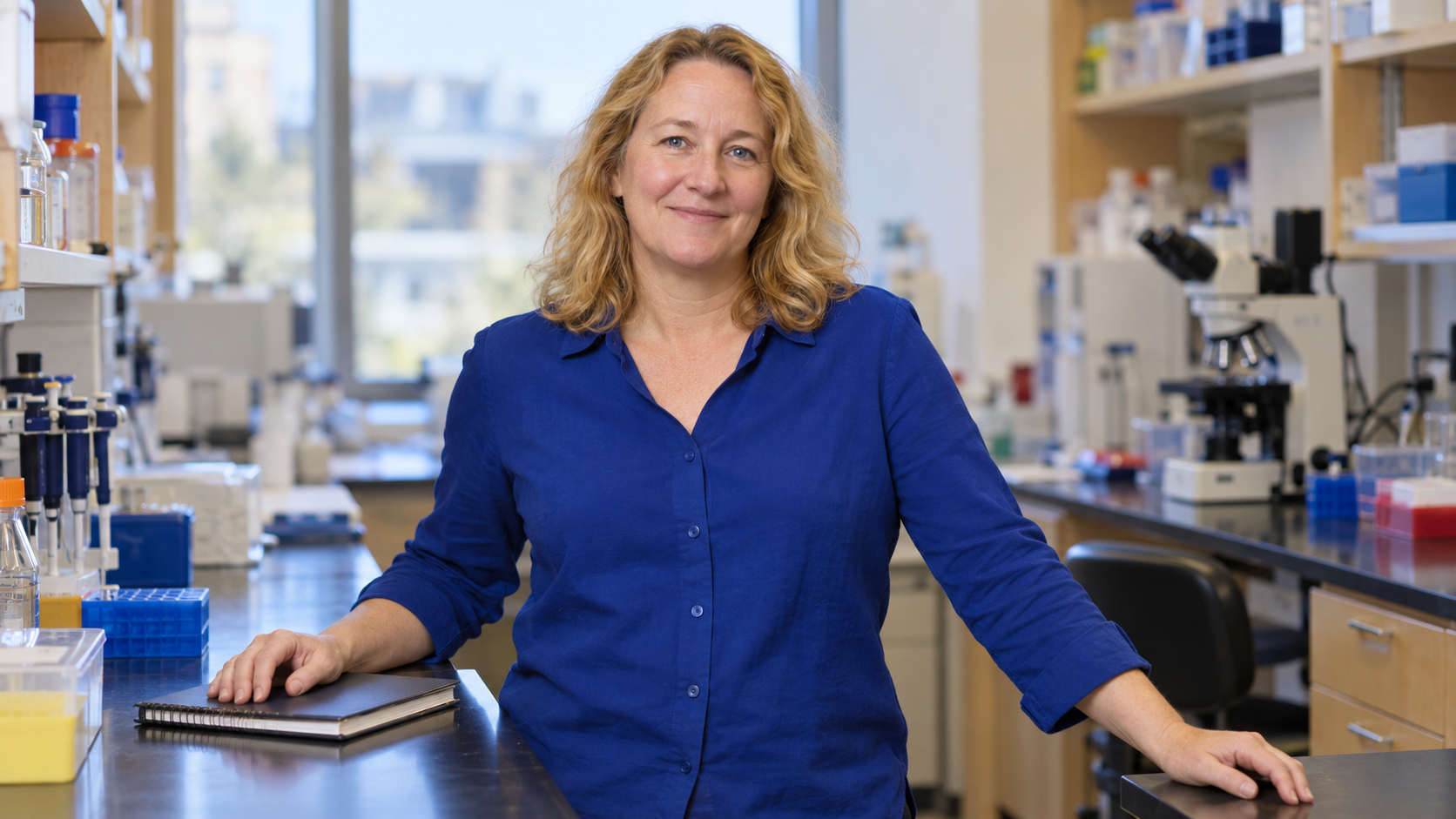 Realistic AI portrait of Carol Greider at a molecular biology laboratory bench.