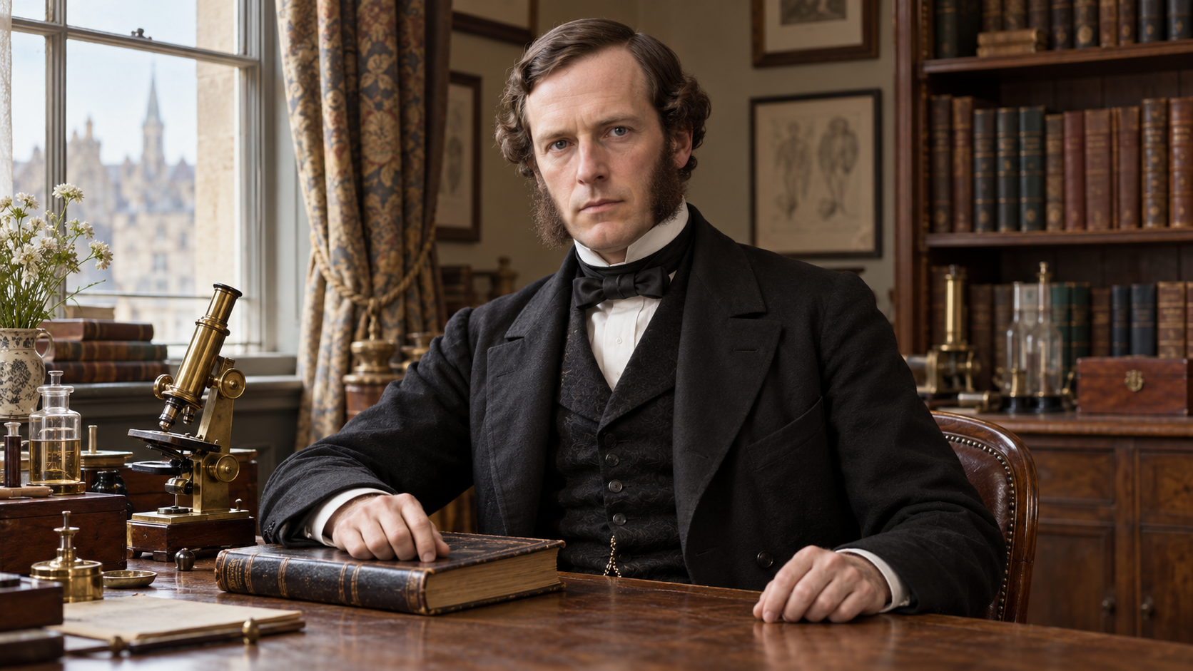 Realistic illustrated portrait of Joseph Lister in a Victorian medical study