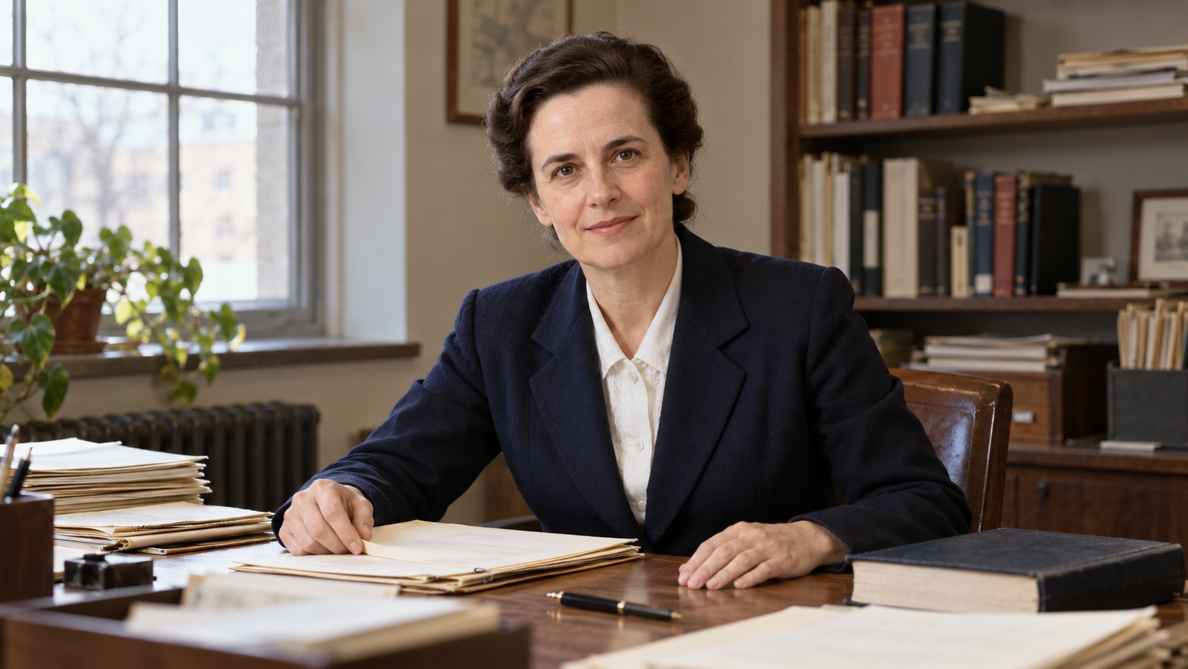 Realistic illustrated portrait of Frances Oldham Kelsey reviewing papers in a 1960s office