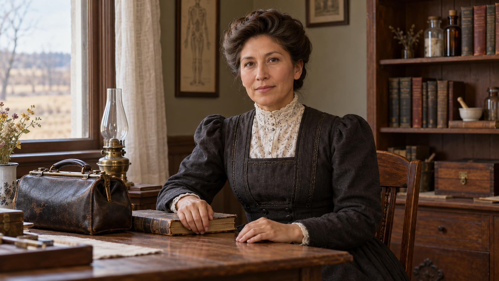 Realistic illustrated portrait of Susan La Flesche Picotte in an early 1900s medical study