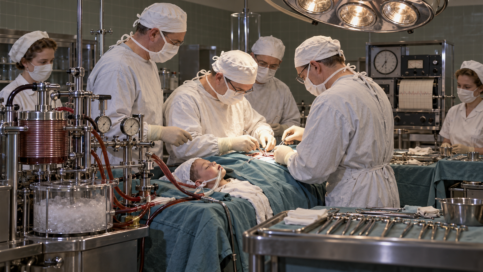 1952 surgical team preparing a cooled patient for pioneering open-heart repair