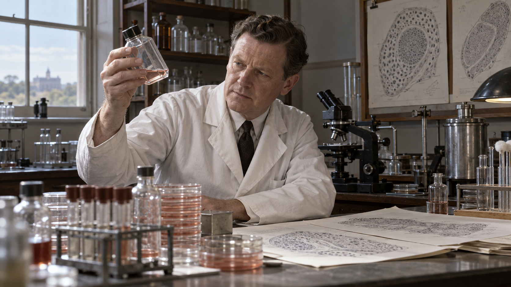 Australian immunologist Macfarlane Burnet studying immune cells in a mid-century laboratory
