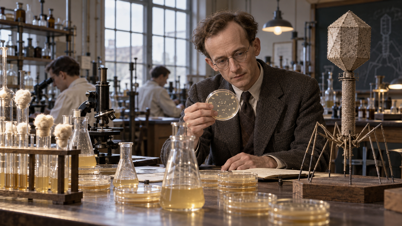 Max Delbruck with bacteriophage models in a 1940s genetics laboratory