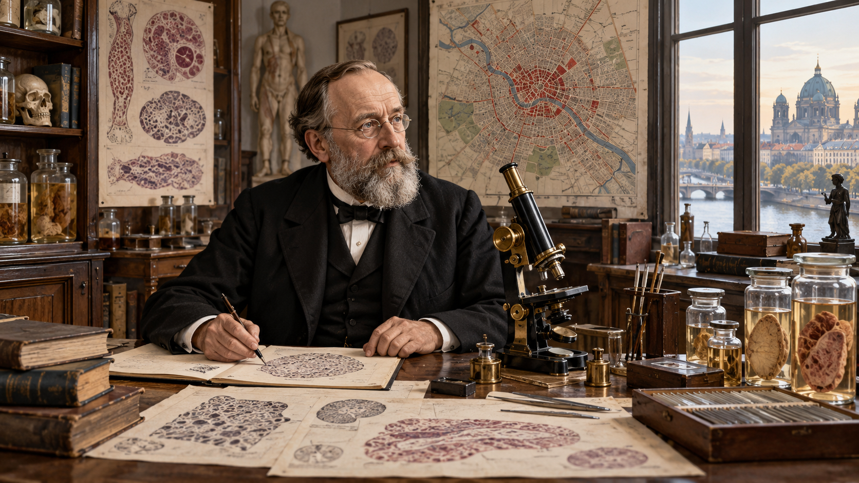 Rudolf Virchow in a Berlin pathology institute surrounded by microscopes and public-health maps