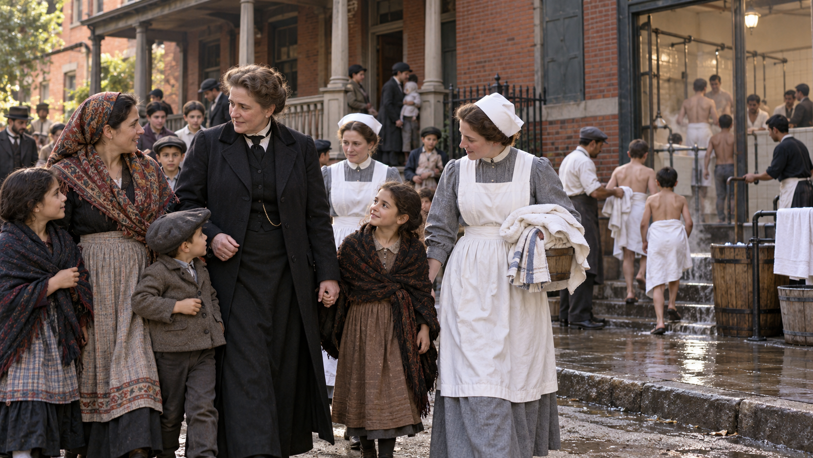 Jane Addams visiting families with nurses and settlement workers near Hull House