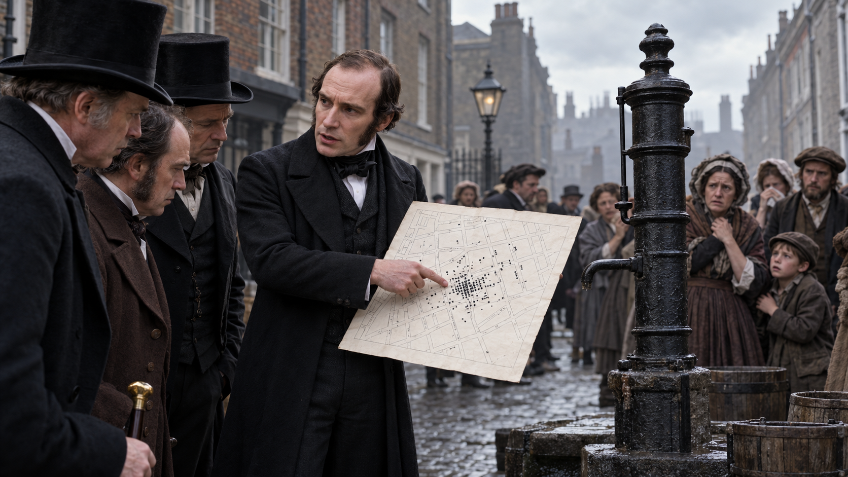 John Snow presenting a cholera map beside the Broad Street water pump in 1854 London