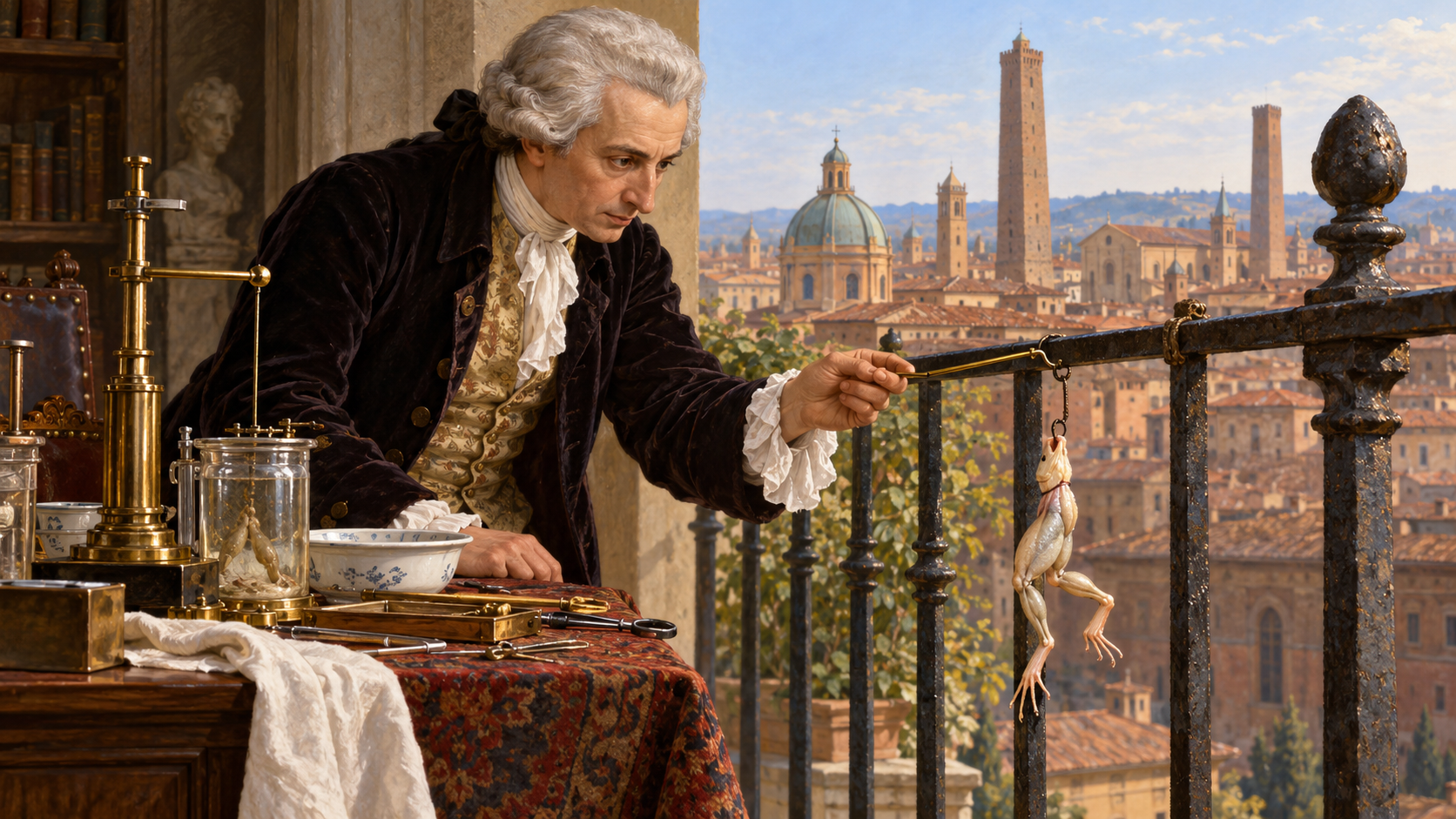 Luigi Galvani observing a frog-leg contraction beside an iron balcony rail in Bologna