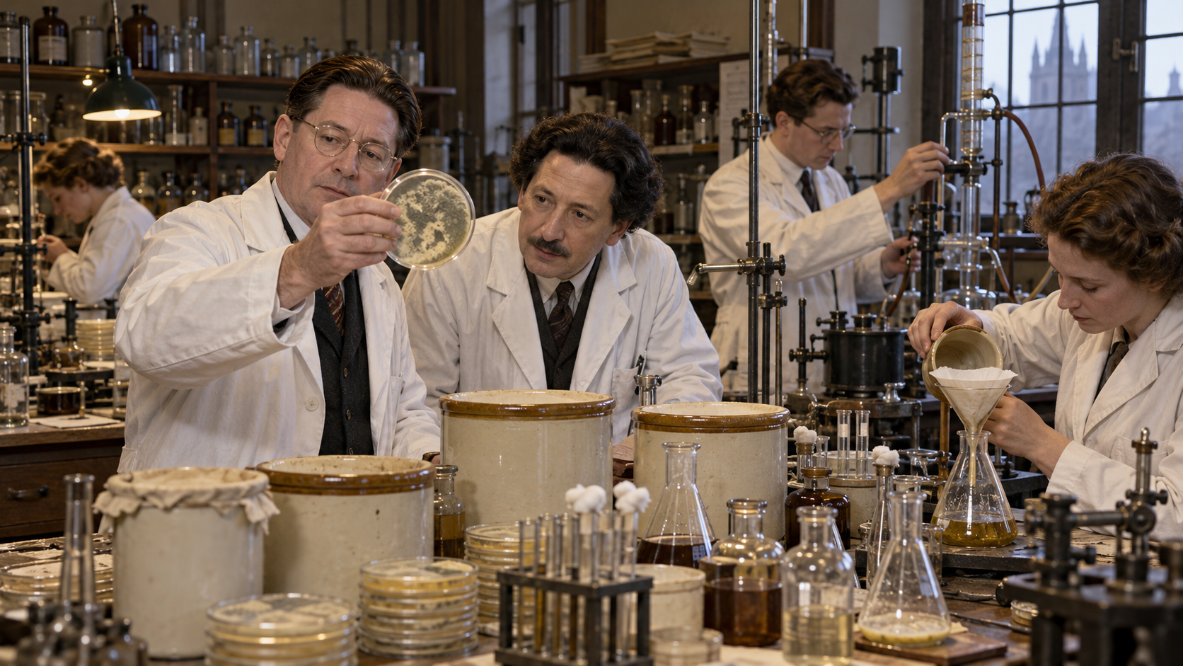 Howard Florey and Oxford researchers preparing early penicillin in a wartime laboratory