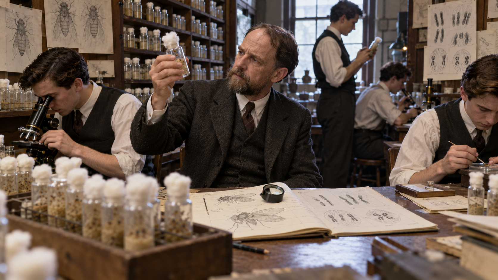 Thomas Hunt Morgan and students observing fruit flies in Columbia University's Fly Room