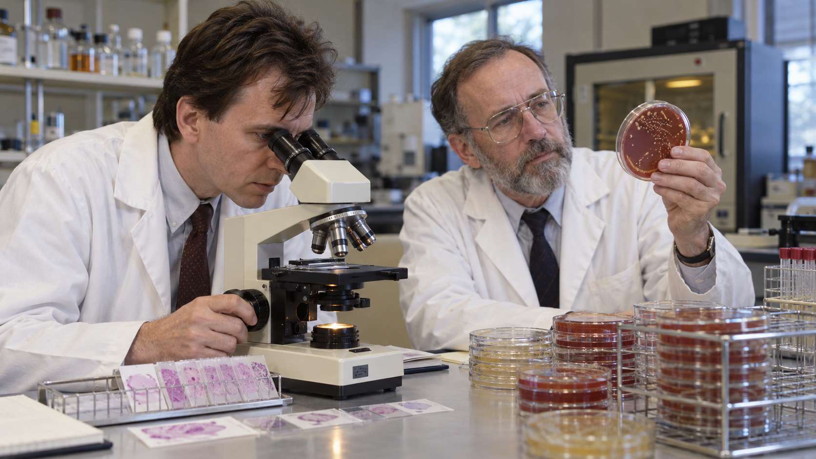 Barry Marshall and Robin Warren examining gastric biopsy slides in an Australian hospital laboratory