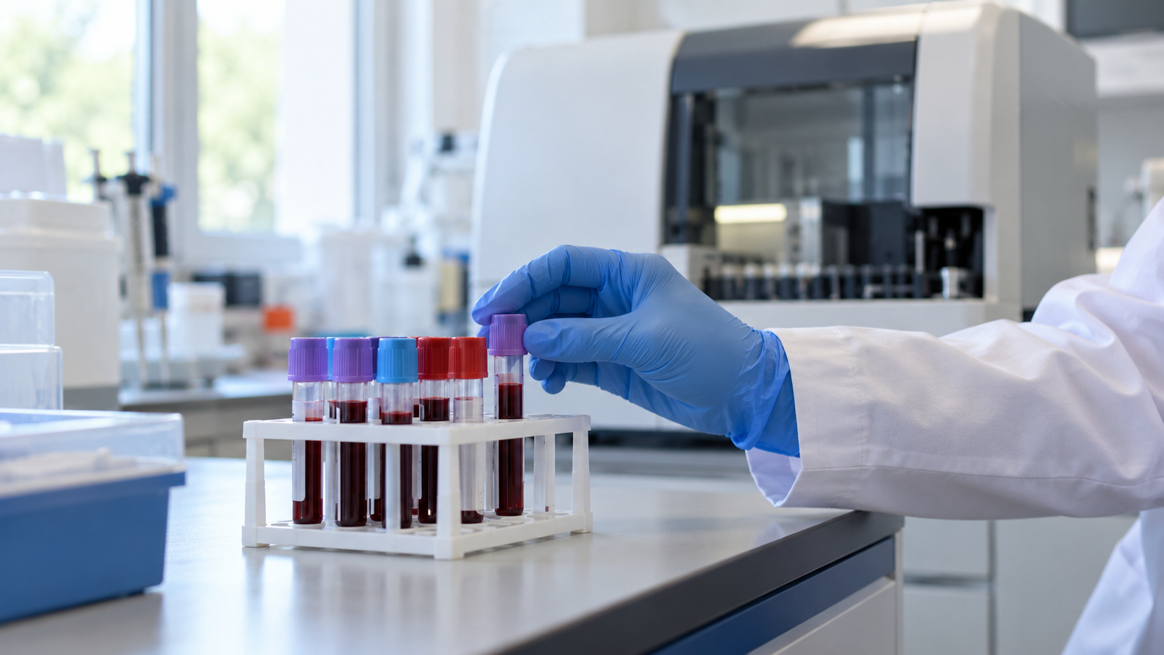 A gloved laboratory technician handles a capped blood-sample tube beside a rack and clinical analyzer.