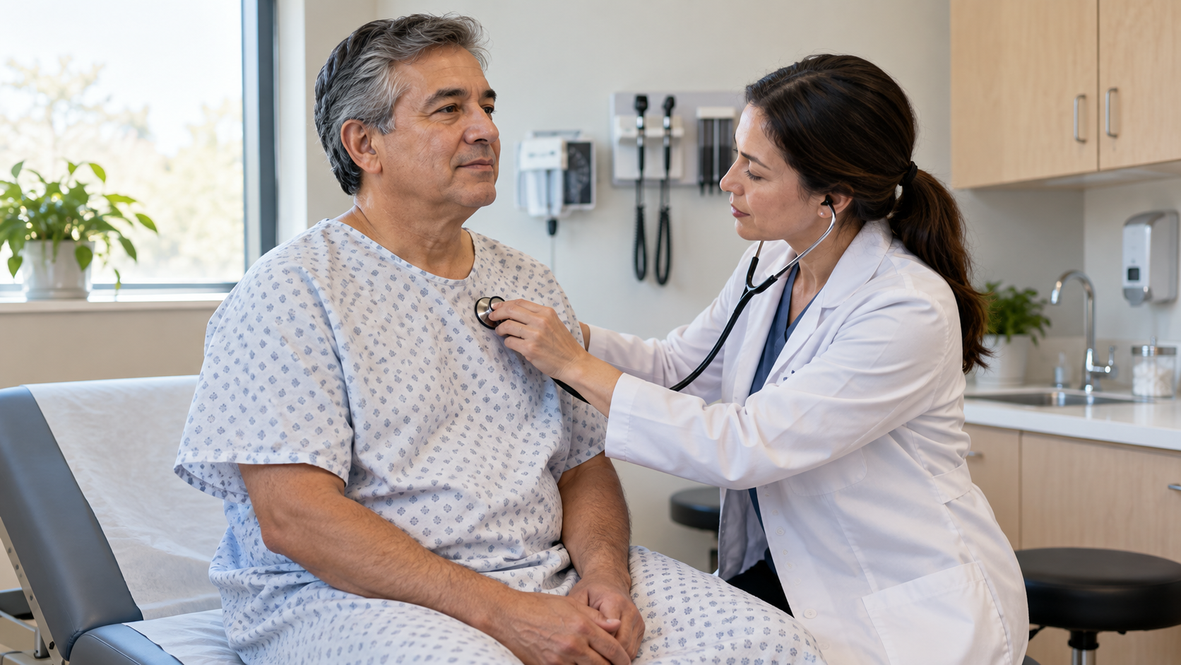A clinician listens to a seated patient’s chest with a stethoscope in an examination room.