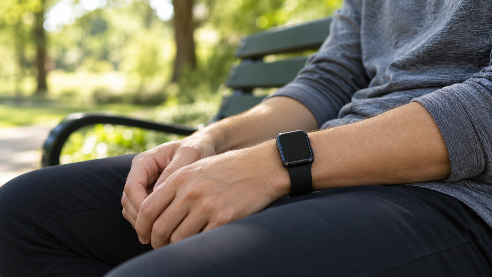 An adult rests their forearms on their lap while wearing a black fitness watch on a park bench.