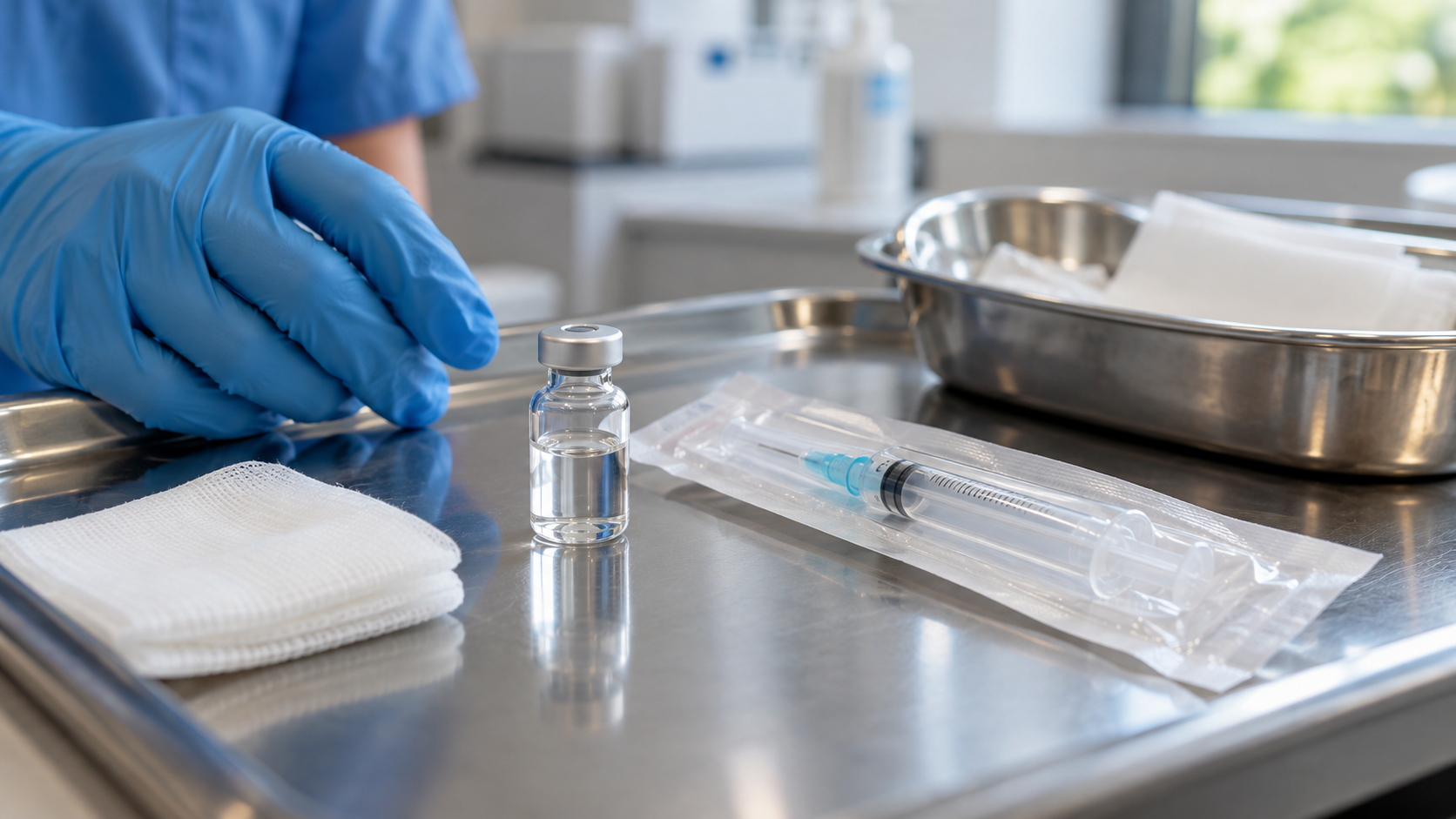 A gloved clinician’s hand rests beside an unlabelled vial, packaged sterile syringe, and gauze on a clinic tray.