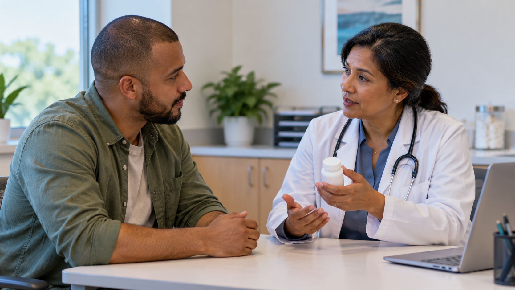 A clinician discusses ongoing care with an adult patient while holding an unlabelled medicine container.