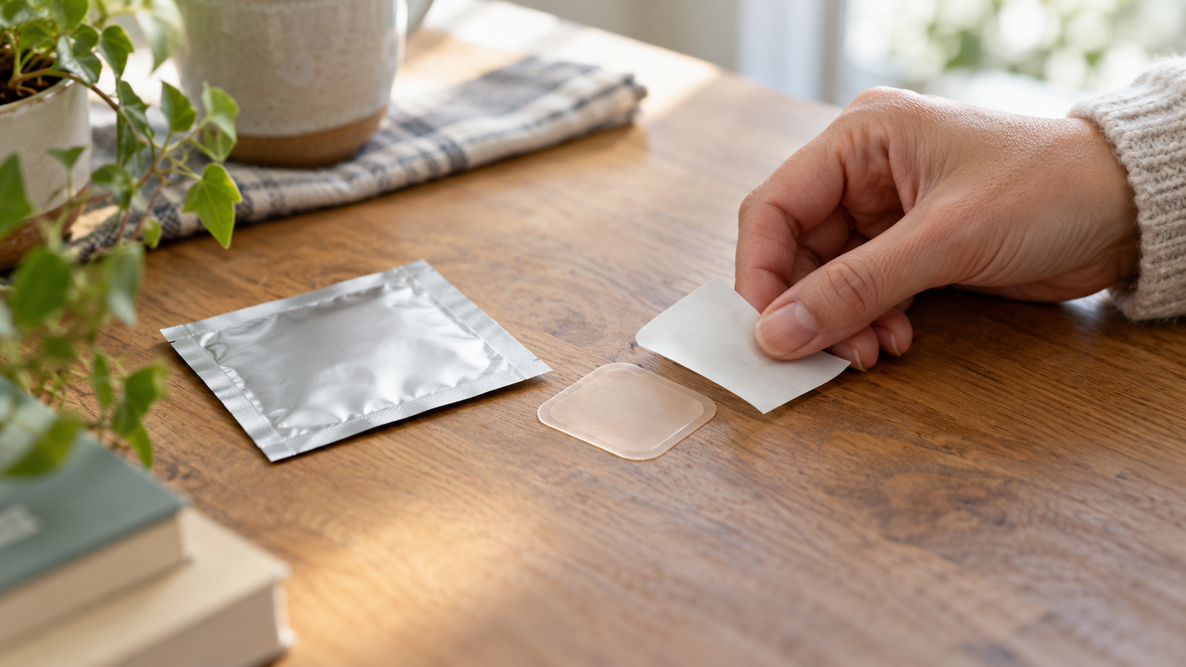 A hand holds a patch backing beside a small transdermal patch and an unlabelled foil sachet on a table.