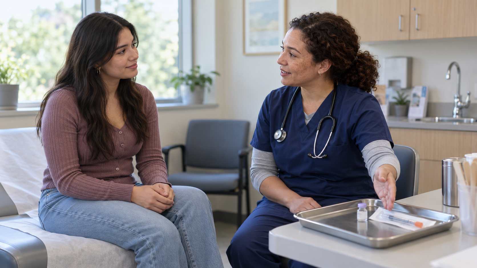 A young adult and nurse discuss prevention beside a clinic tray holding a vial and sealed syringe package.
