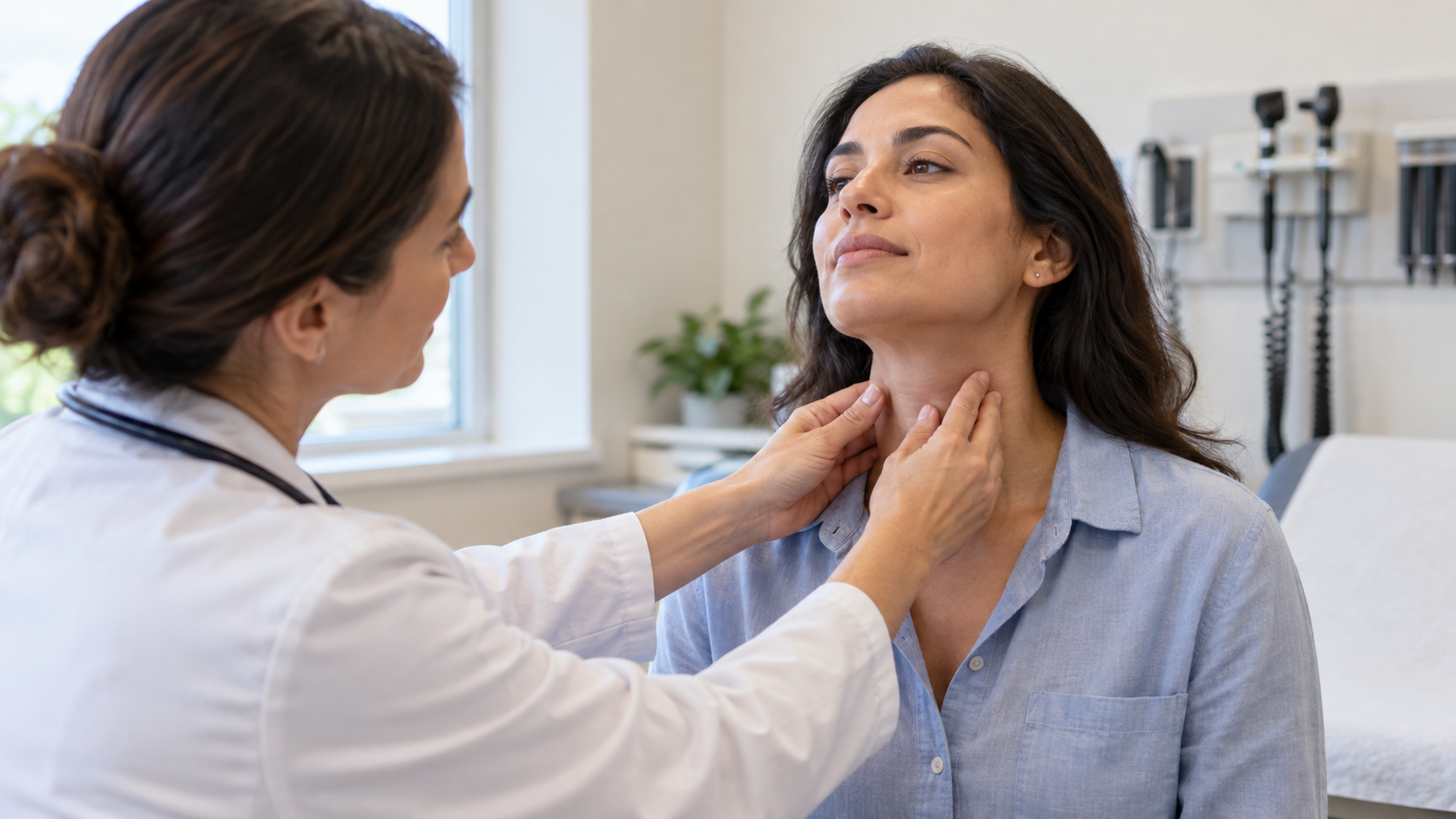 A clinician gently examines the front of an adult patient’s neck in an ordinary examination room.
