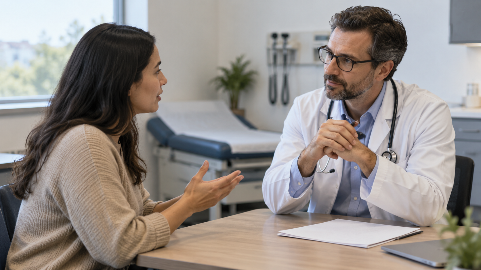 An adult patient asks a question while a doctor listens across a clinic desk with papers and a pen.