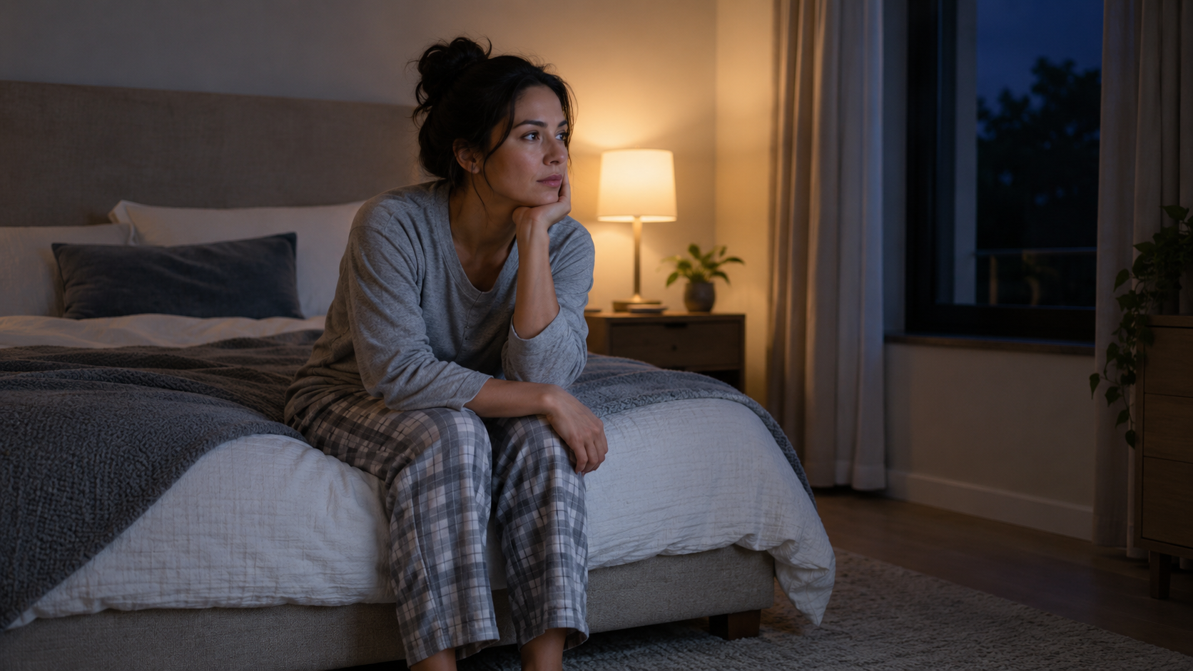 A woman sits awake on the edge of her bed beside a softly lit bedside lamp.