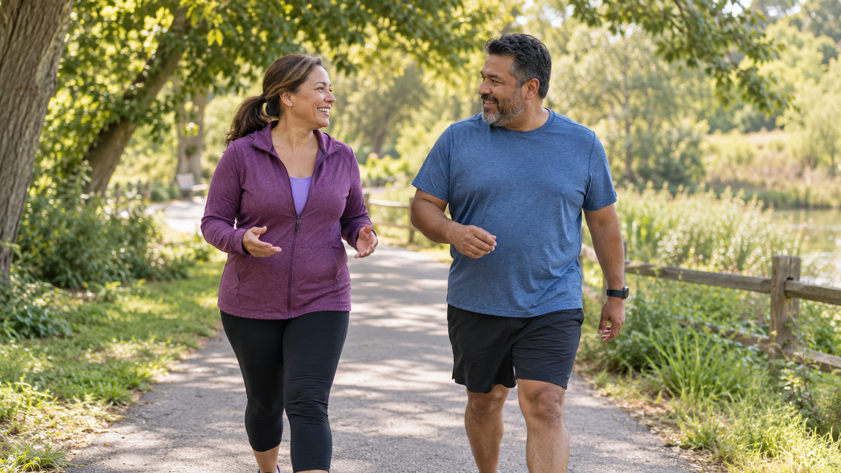 Two middle-aged adults walk together along a tree-lined park path.