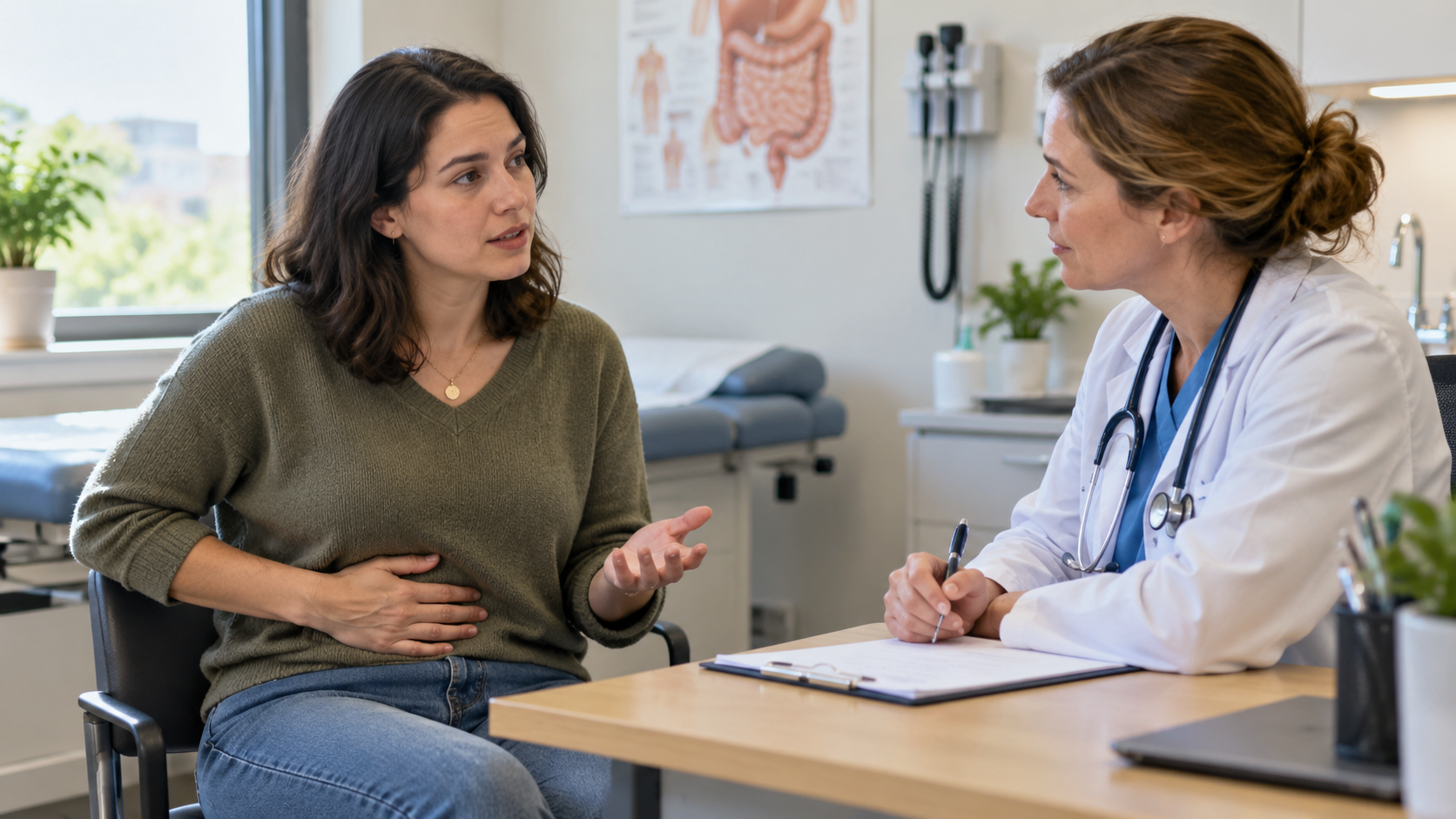 A woman discusses digestive symptoms with a clinician at a clinic desk.