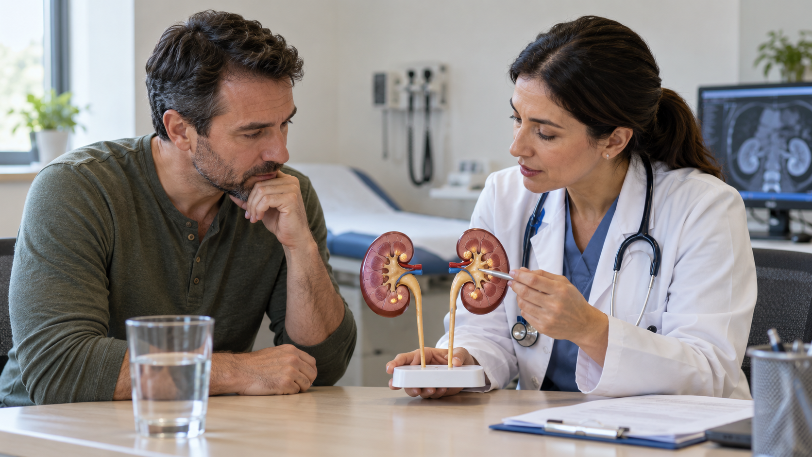 A clinician explains a kidney teaching model to a seated patient.