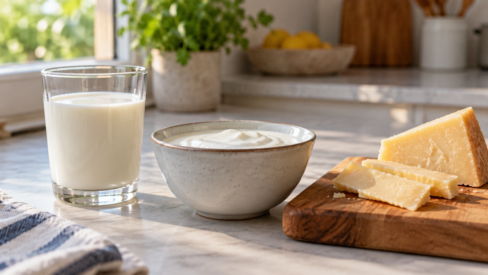 Milk, yogurt, and slices of hard cheese sit on a sunlit kitchen counter.