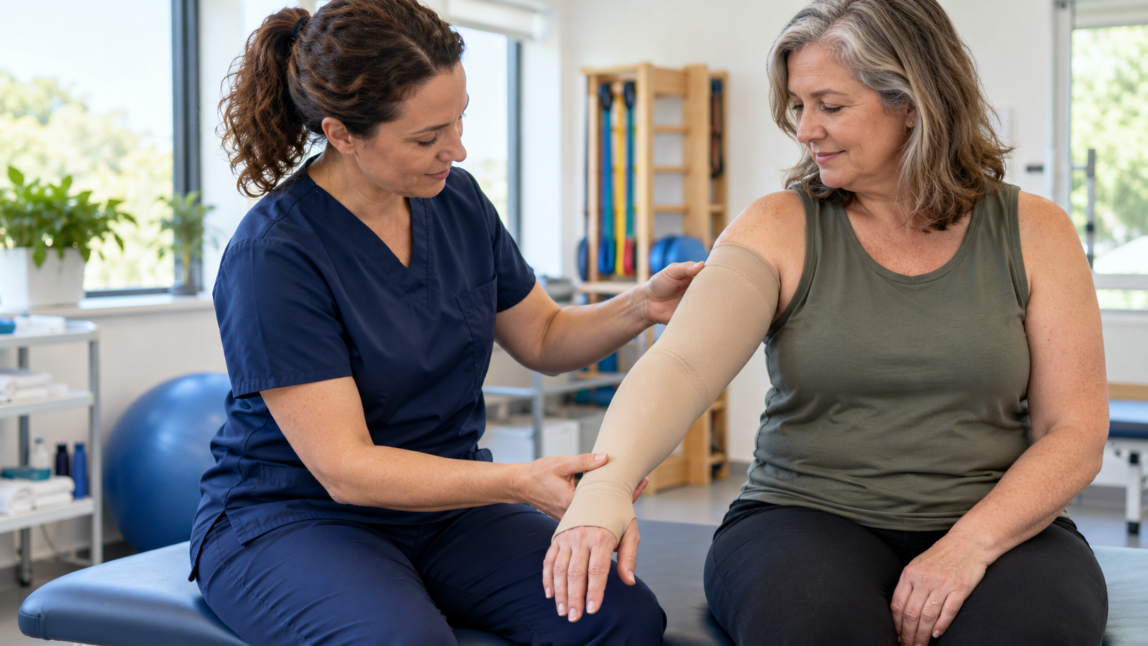 A therapist checks a beige compression sleeve on a seated woman’s arm.