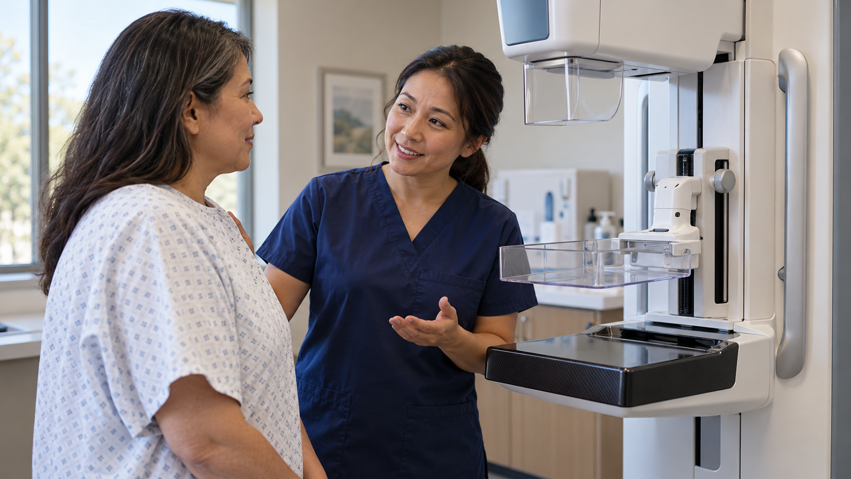 A technologist talks with a woman in a closed gown beside a mammography machine.