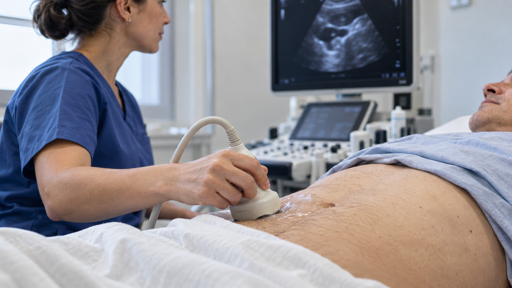 A sonographer moves an ultrasound probe over a patient’s abdomen beside an imaging cart.