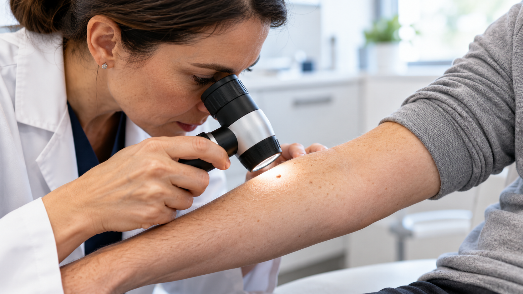 A dermatologist examines a small pigmented spot on a patient’s forearm with a dermatoscope.