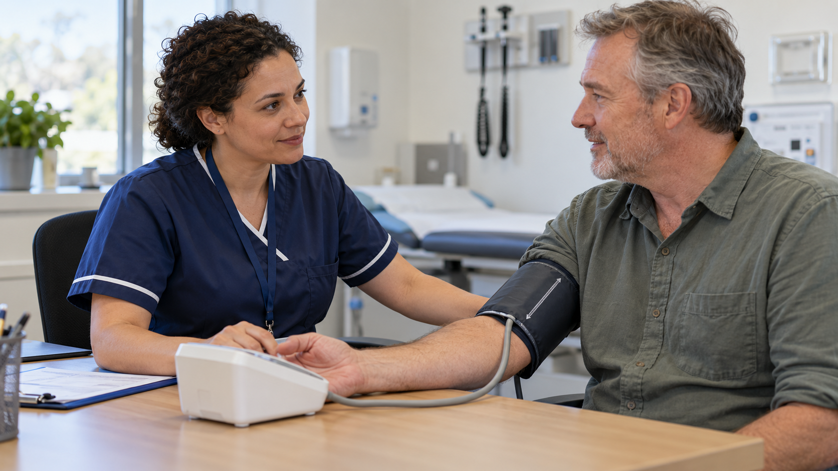 A nurse checks a seated patient’s blood pressure with an upper-arm cuff.