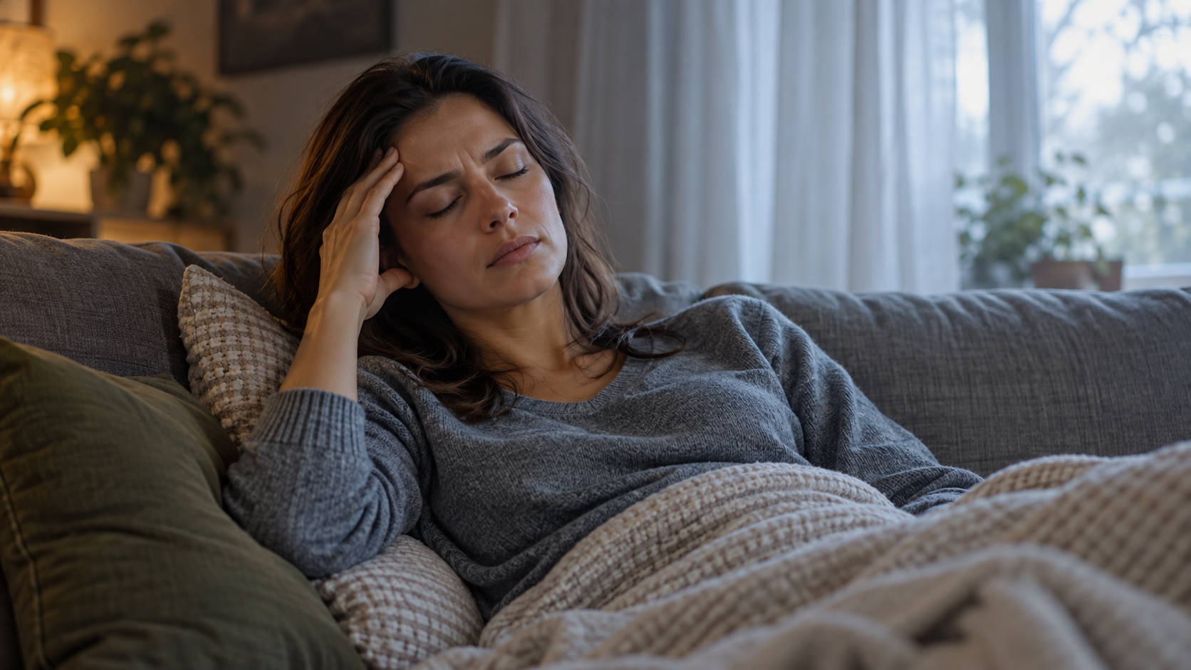A woman rests with her eyes closed on a sofa in a softly darkened room.