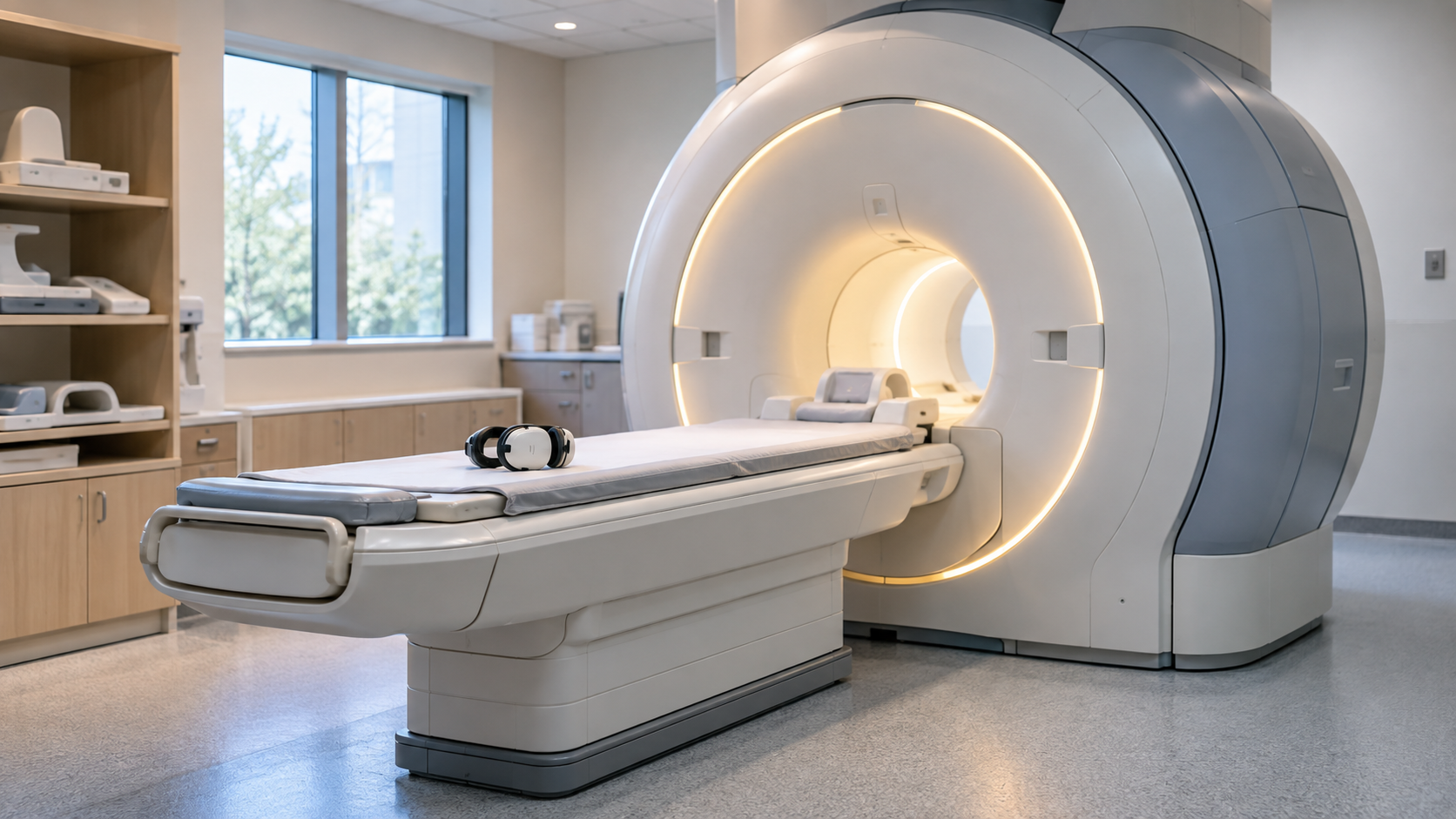 An empty MRI room contains a cylindrical scanner, extended patient table, and hearing protection.