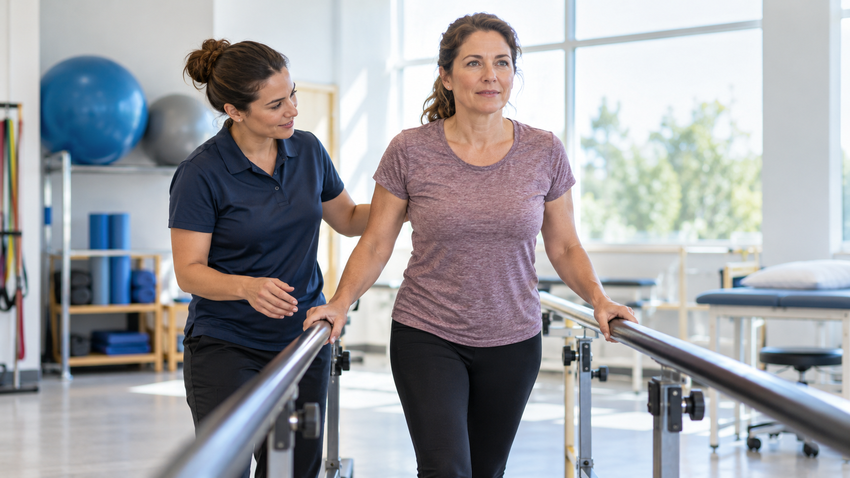 A woman practices supported standing balance with a therapist beside rehabilitation parallel bars.