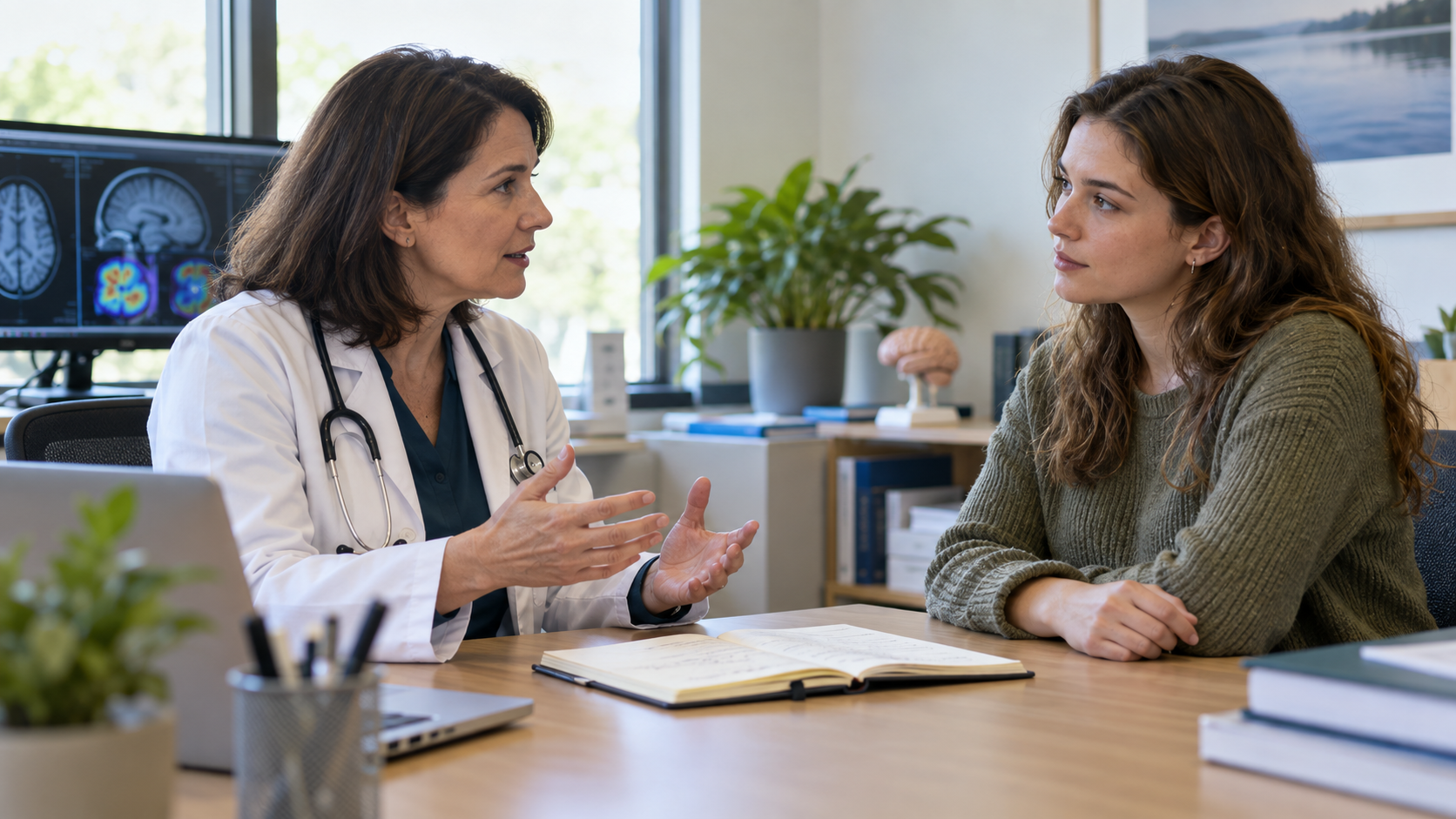 A sleep specialist discusses an open diary with an attentive young adult patient.