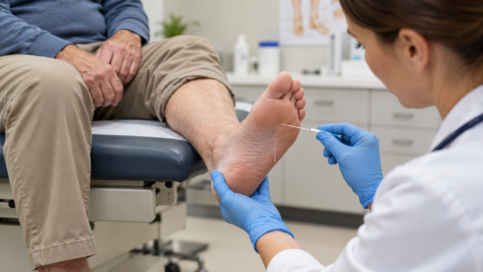 A clinician checks sensation in an older patient’s foot using a fine monofilament.
