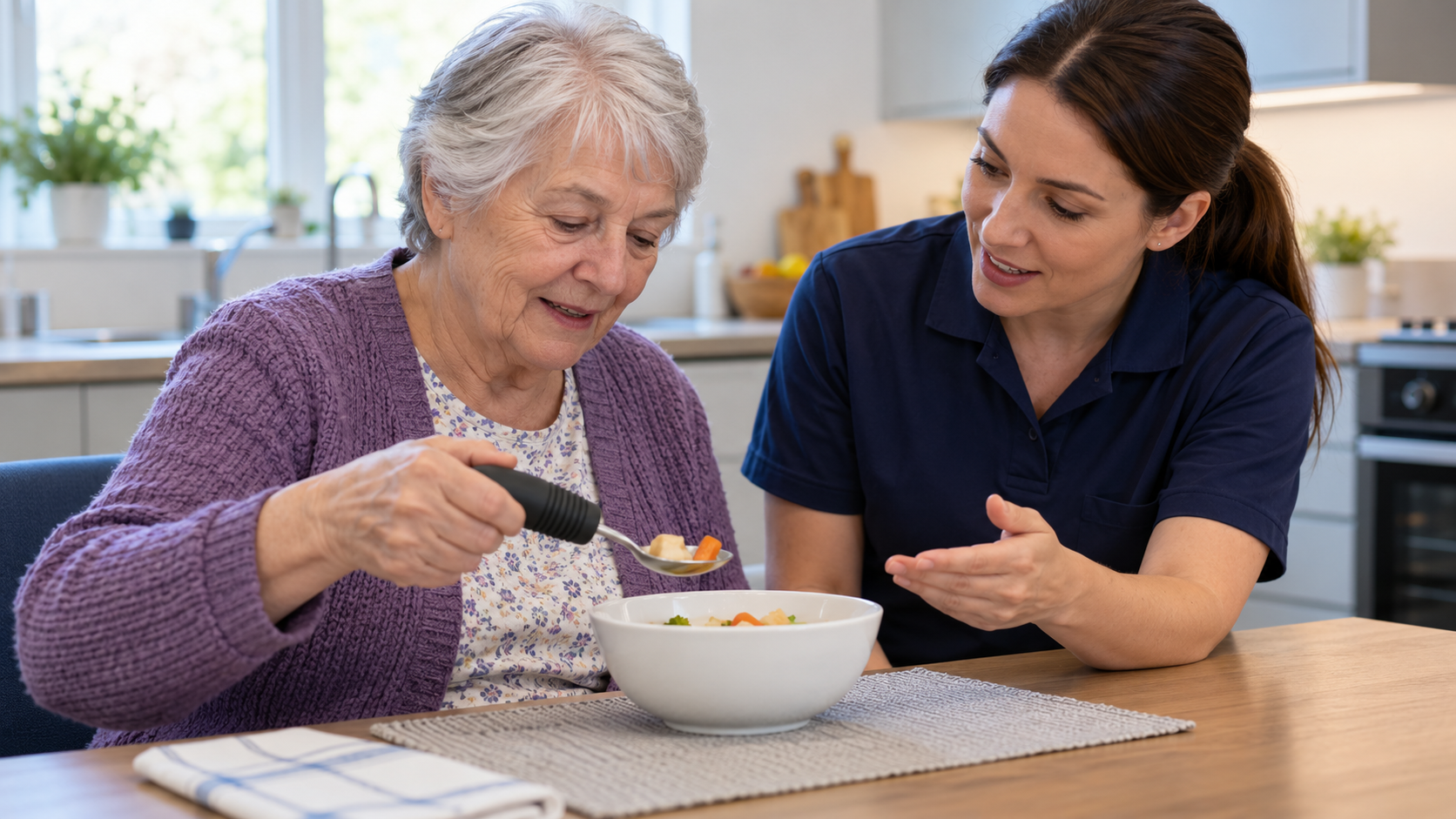 An occupational therapist coaches an older woman using a spoon with an adapted handle.