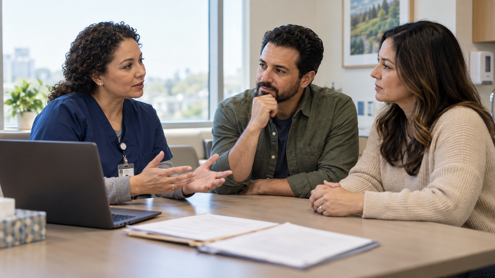 A transplant coordinator discusses organ donation with two adults in a consultation room.