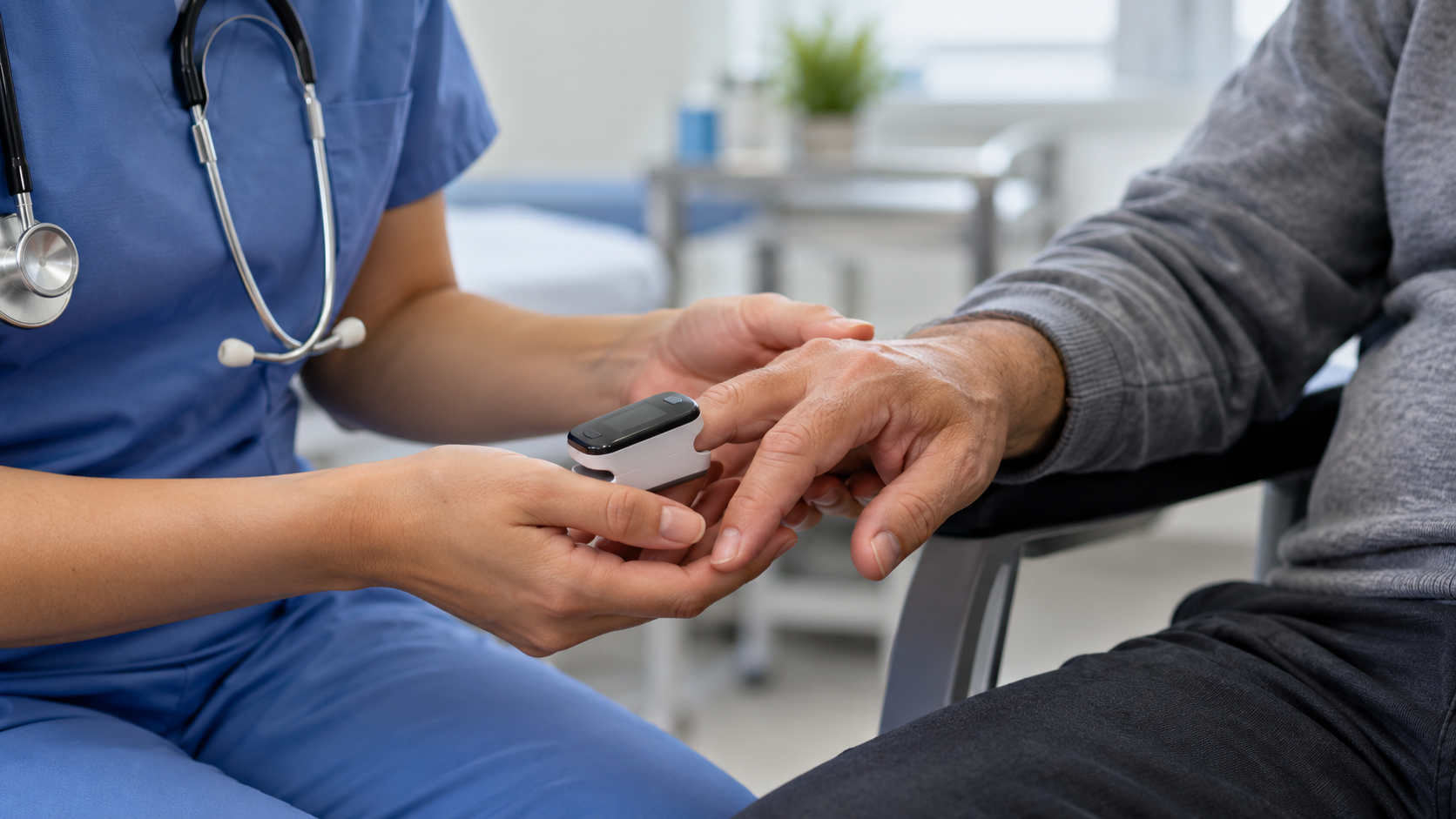 A clinician places a fingertip pulse oximeter on a seated patient’s index finger.