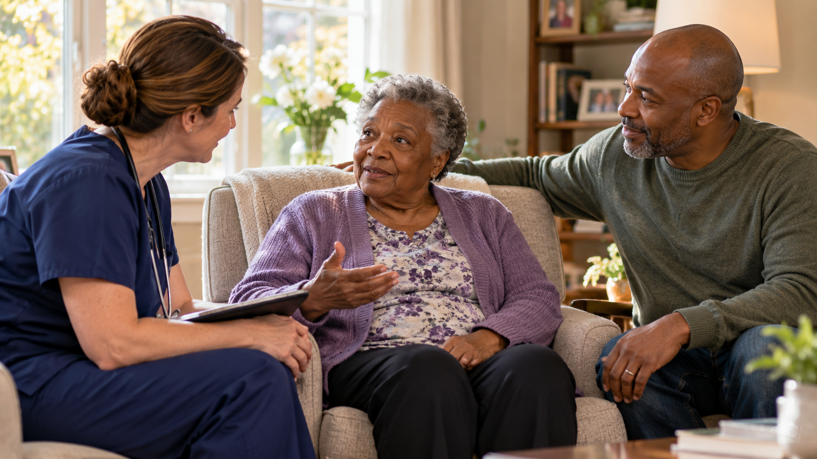 A palliative care nurse talks with an older woman and her family member in a comfortable home.