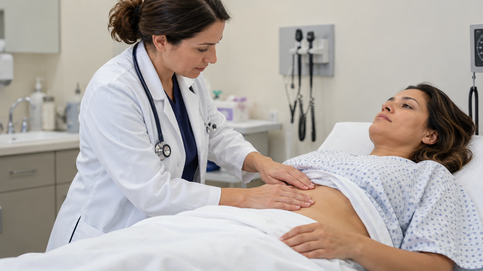 A doctor gently examines a woman’s upper abdomen while she rests on an examination bed.
