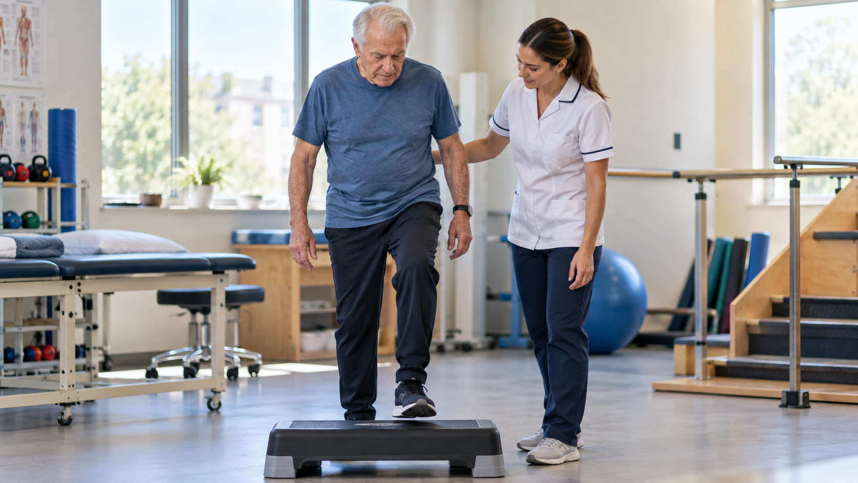 A physiotherapist supports an older man practicing a careful step in a rehabilitation room.