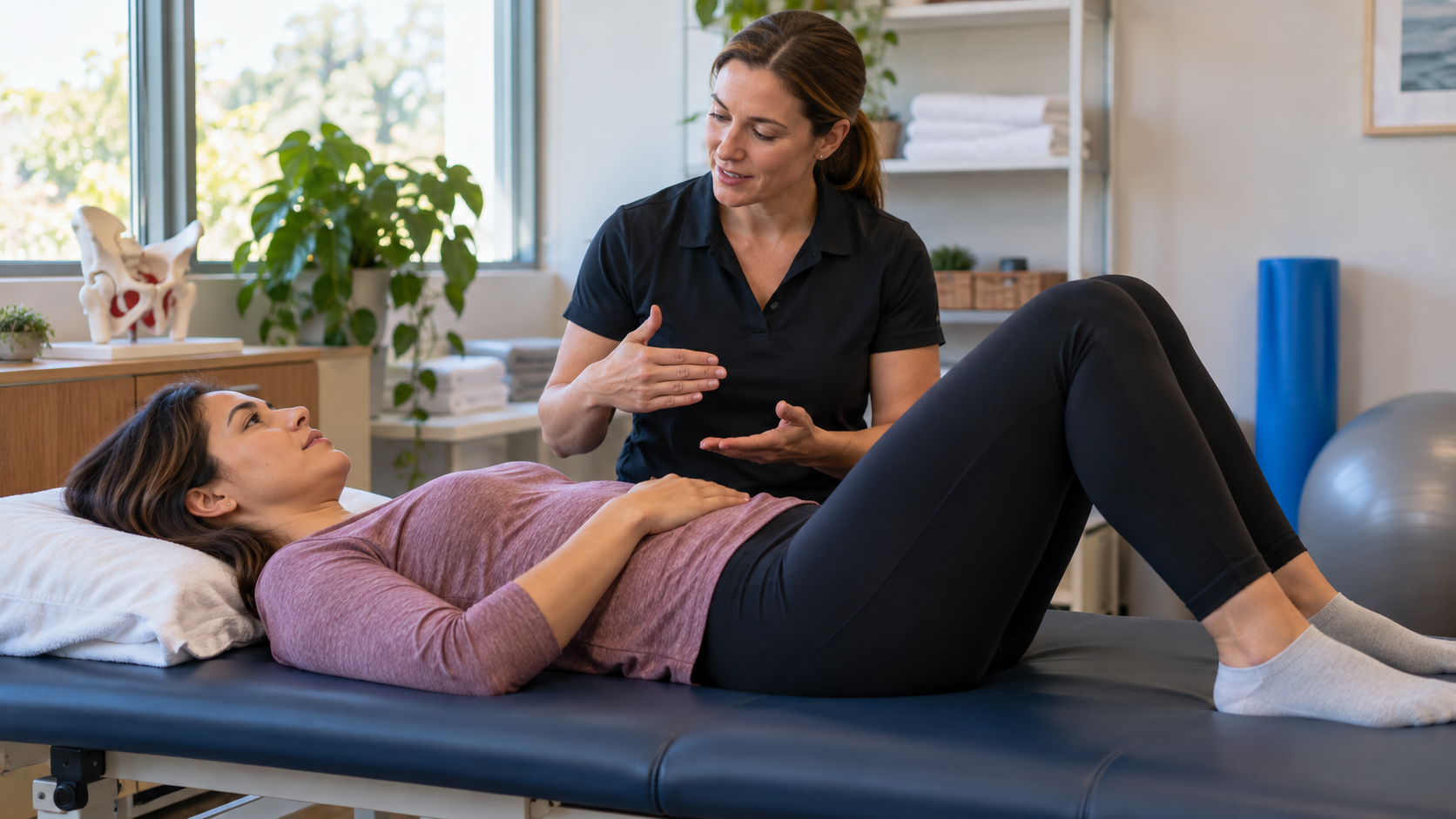 A fully clothed woman practices relaxed breathing with a physiotherapist in a treatment room.