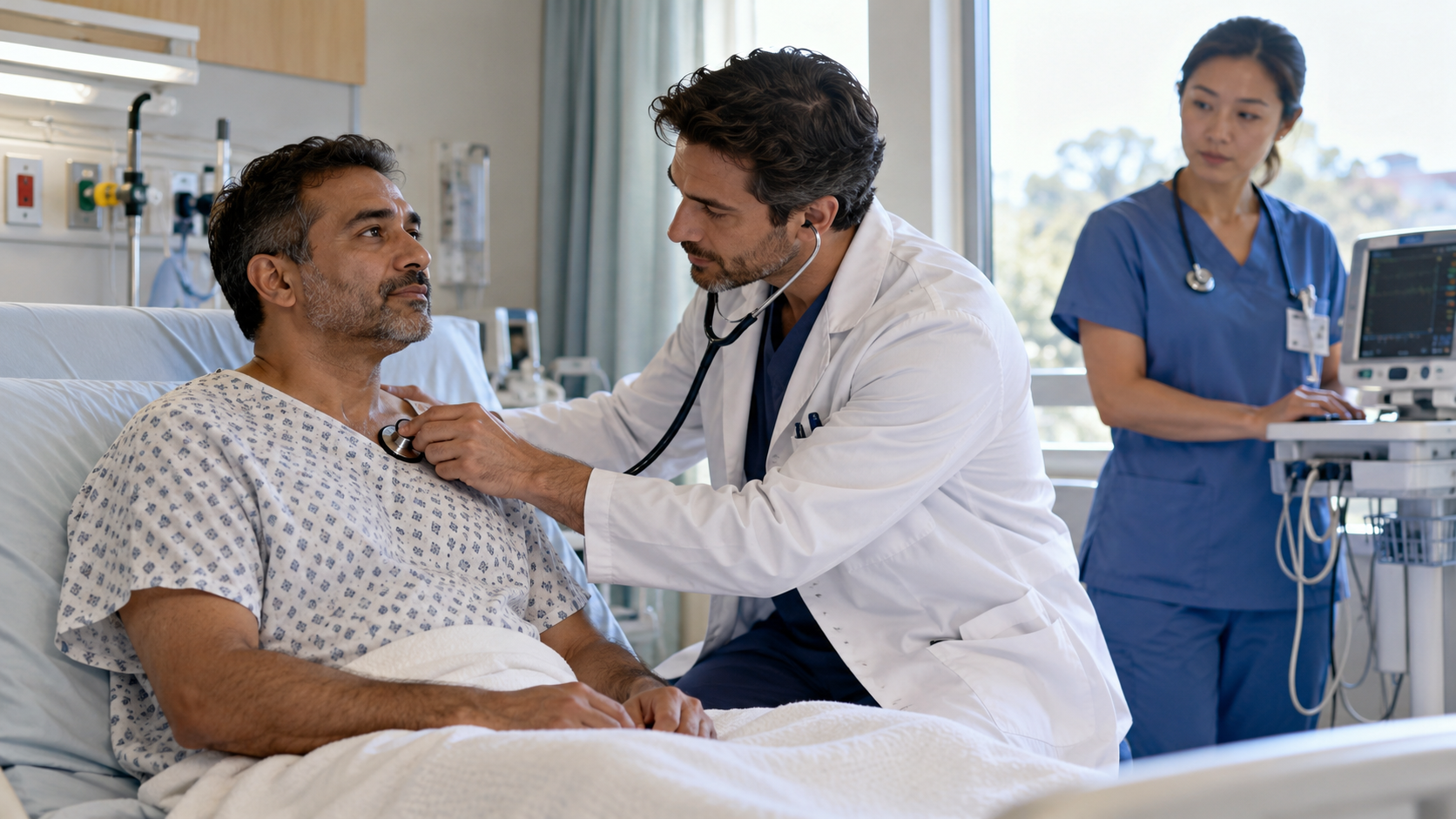 A doctor examines an alert patient’s chest while a nurse works beside a hospital monitoring cart.